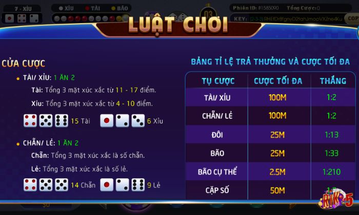 Sicbo Mega Win Rikvip có nhiều loại cược tùy thuộc sở thích game thủ